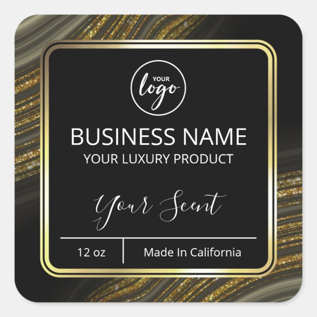 Adesivo Quadrado Rótulos Dourados de Velas Pretas, Agitar com Largu (Frente)