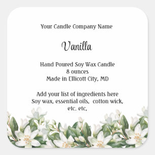 Adesivo Quadrado Rótulos Personalizados de Velas Flores Brancas Flo