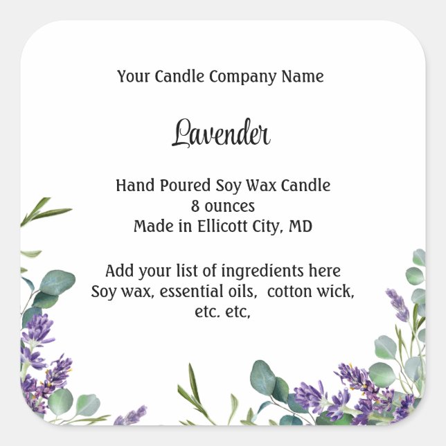 Adesivo Quadrado Rótulos Personalizados de Velas Lavanda Eucalipto (Frente)