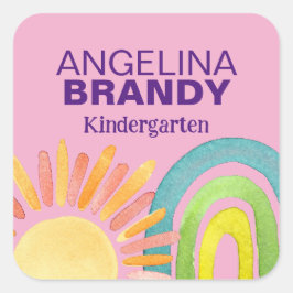 Adesivo Quadrado Rótulos Rosa Arco-Íris e Sol Primeiro Dia das Cria