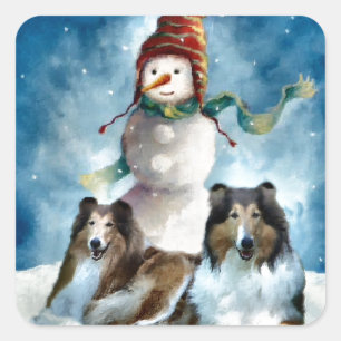 Adesivo Quadrado Rough Collie com Snowman no Natal