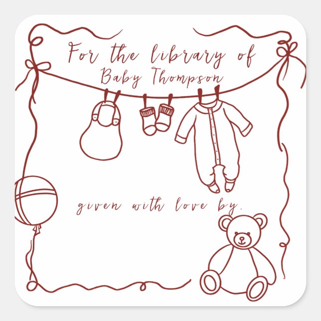 Adesivo Quadrado Roupas de bebê desenhadas à mão - ex-libris (Frente)