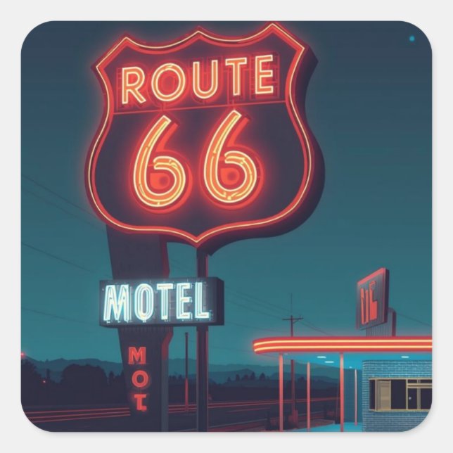 Adesivo Quadrado Route 66 Neon Motel Night Travel Art (Frente)