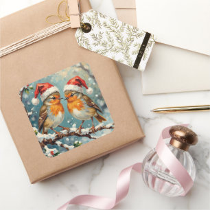 Adesivo Quadrado Rouxinóis Vintage com Chapéus de Papai Noel em Gal