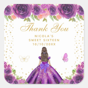 Adesivo Quadrado Roxa Floral Princesa de Cabelo Castanho Doce Dezes