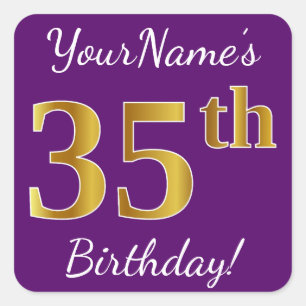 Adesivo Quadrado Roxo, aniversário do ouro do falso 35o + Nome