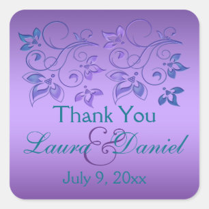 Adesivo Quadrado Roxo, Azul Teal Floral 1,5" Sq. Favor de Casamento