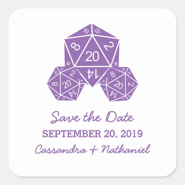 Adesivo Quadrado Roxo D20 Dice Save the Date Stickers (Frente)