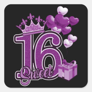 Adesivo Quadrado Roxo de Aniversário dos Dezesseis Anos