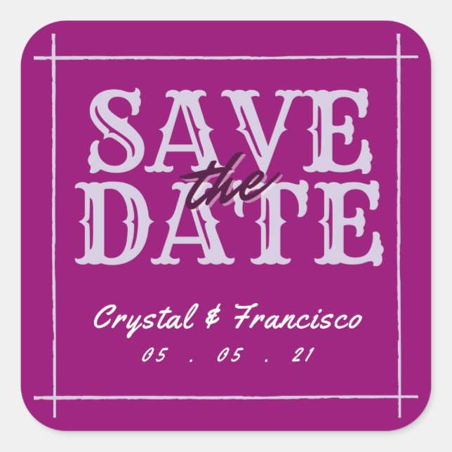 Adesivo Quadrado Roxo Divertido Salve A Data (Frente)