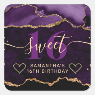 Adesivo Quadrado Roxo e Dourado Brilho Ágata Mármore Sweet 16 