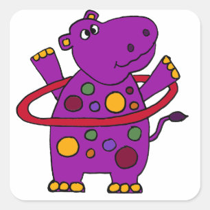 Adesivo Quadrado Roxo Engraçado Hippo Jogando Hoop Hula