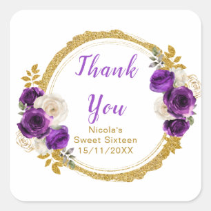 Adesivo Quadrado Roxo Escuro e Dourado Flores Elegantes Sweet Sixte