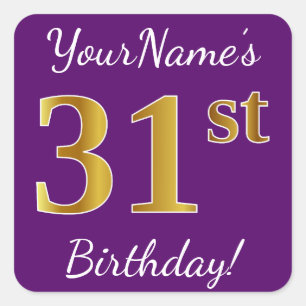 Adesivo Quadrado Roxo, Faux Dourado 31º Aniversário + Nome Person