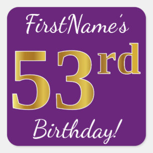 Adesivo Quadrado Roxo, Faux Dourado 53º Aniversário + Nome Person