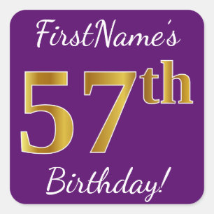 Adesivo Quadrado Roxo, Faux Dourado 57º aniversário + Nome Person