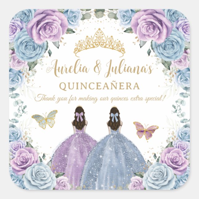 Adesivo Quadrado Roxo Lilac Bebê Azul Gêmeas Florais Quinceañera (Frente)
