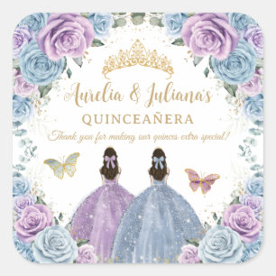 Adesivo Quadrado Roxo Lilac Bebê Azul Gêmeas Florais Quinceañera