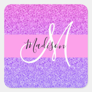 Adesivo Quadrado Roxo Rosa Glitter Brilho Gradiente Monograma