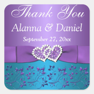 Adesivo Quadrado Roxo, Teal Floral, Coração 1,5" Sq. Favor de Casam