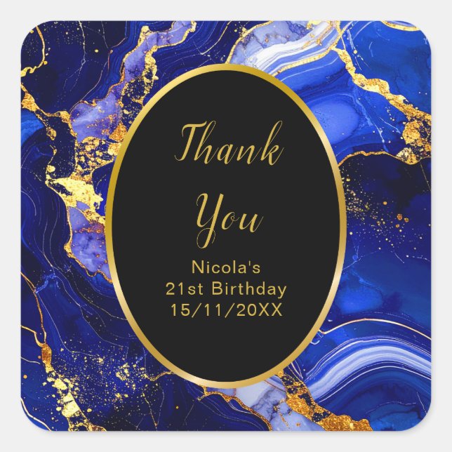 Adesivo Quadrado Royal Blue and Gold Marble Agate Birthday Party (Frente)