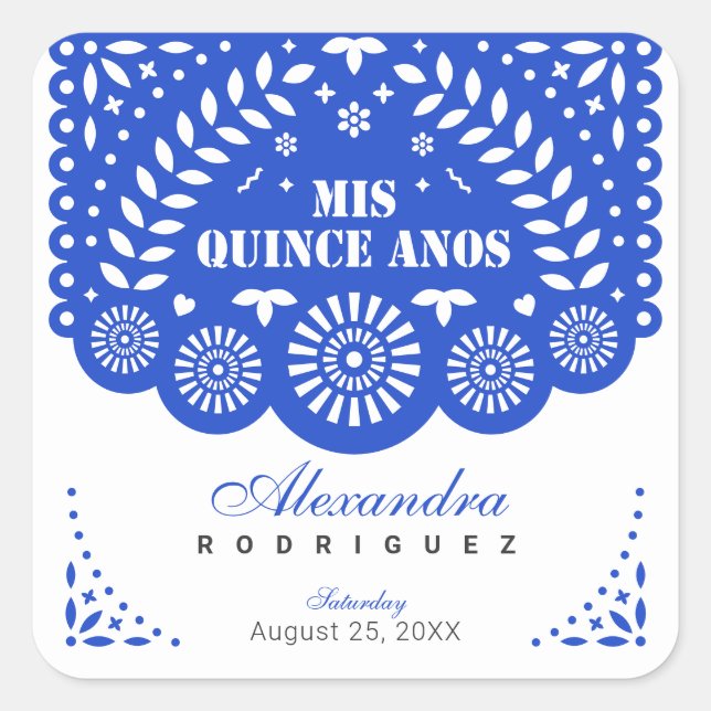 Adesivo Quadrado Royal Blue Papel Picado Mis Quince Años (Frente)