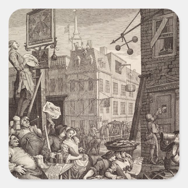 Adesivo Quadrado Rua da Cerveja de William Hogarth (Frente)