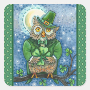 ADESIVO QUADRADO RUAS. PATRICK DAY OWL, 4 LEAF CLOVER LEPRECHAUN