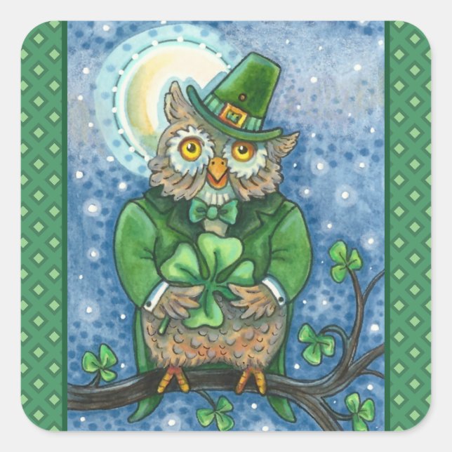 ADESIVO QUADRADO RUAS. PATRICK DAY OWL, 4 LEAF CLOVER LEPRECHAUN (Frente)