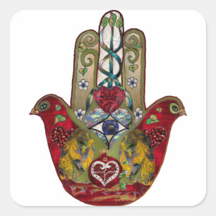 Adesivo Quadrado Rubis Romã Coração Vermelho Pássaro Hamsa