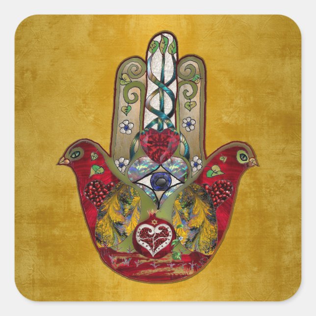 Adesivo Quadrado Ruby Pomegranate Heart Bird Hamsa (Frente)
