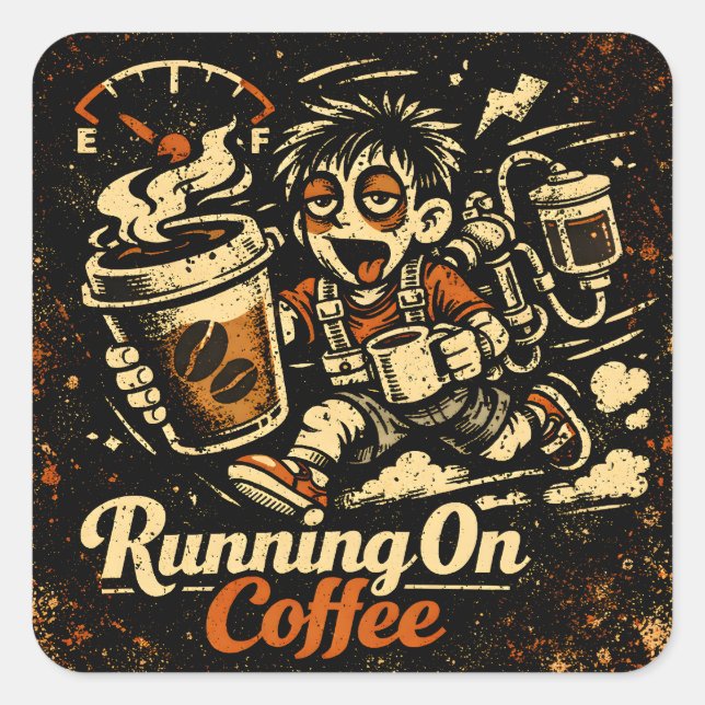 Adesivo Quadrado Running On Coffee – Caffeinated Humor Survival (Frente)