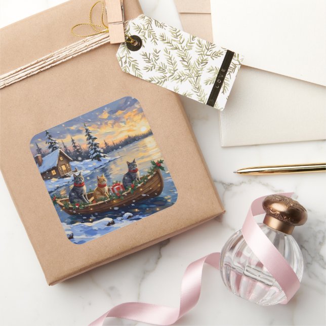 Adesivo Quadrado Russian Blue Cat Christmas Boat Holiday (Presentear)