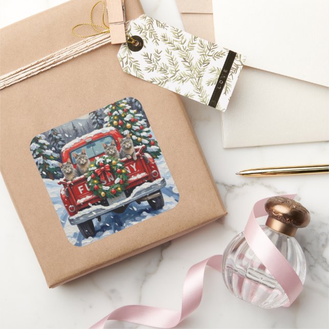 Adesivo Quadrado Russian Blue Cat Christmas Red Truck Holiday (Presentear)