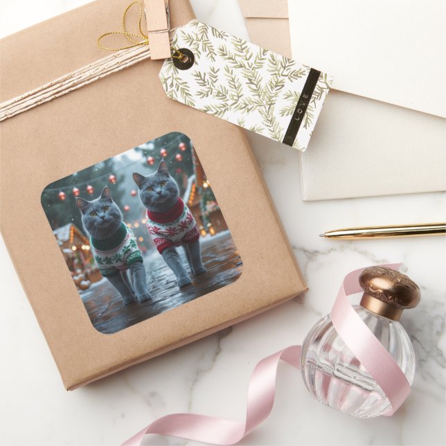 Adesivo Quadrado Russian Blue Cats Christmas Snow Holiday  (Presentear)