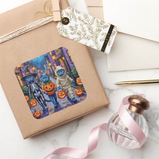 Adesivo Quadrado Russian Blue Cats in Halloween Costumes (Presentear)