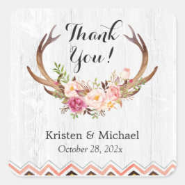 Adesivo Quadrado Rustic Antler Boho Floral White Wood Obrigado