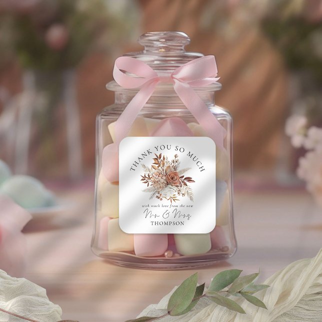 Adesivo Quadrado Rustic Autumnal Florals Novo Sr. Sra. Obrigado (Rust Florals Thank you sticker for your favors! Part of the Terracotta Autumn Florals Collection)