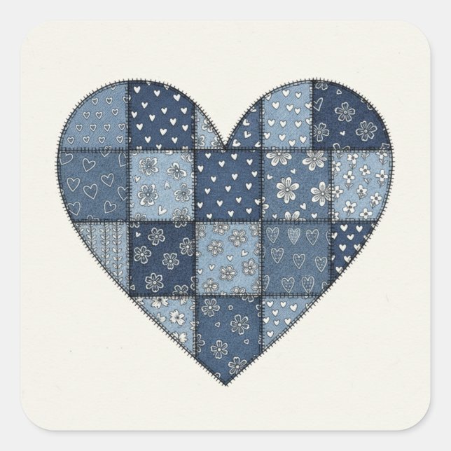 Adesivo Quadrado Rustic Blue Denim Patchwork Heart Illustration (Frente)