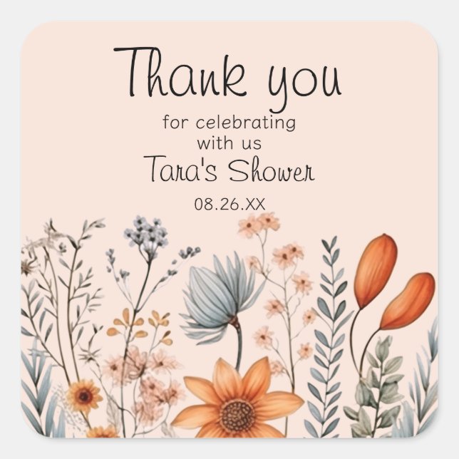 Adesivo Quadrado Rustic Boho Wildflower está em laranjas e cinza (Frente)