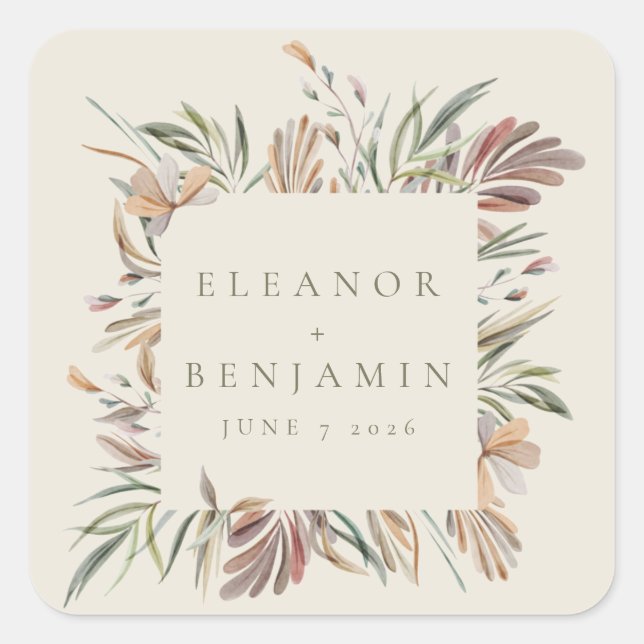 Adesivo Quadrado Rustic Botanical Wreath Earth Nomes de Casamento (Frente)