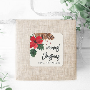 Adesivo Quadrado Rustic Bough Watercolor Christmas Personalizado