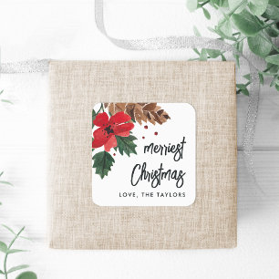 Adesivo Quadrado Rustic Bough Watercolor Christmas Personalizado