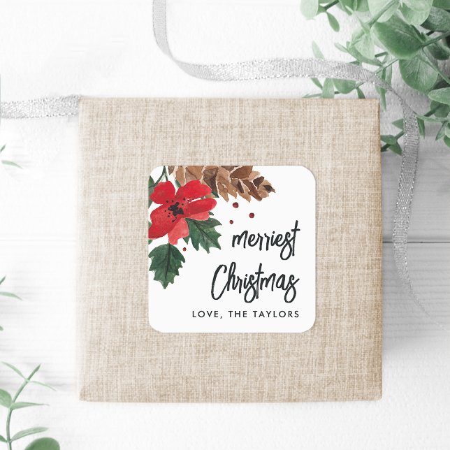 Adesivo Quadrado Rustic Bough | Watercolor Christmas Personalizado (Criador carregado)