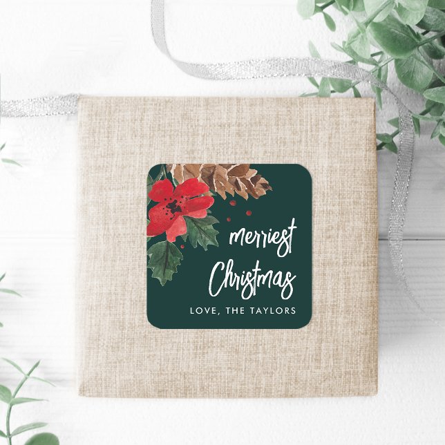 Adesivo Quadrado Rustic Bough | Watercolor Christmas Personalizado (Criador carregado)