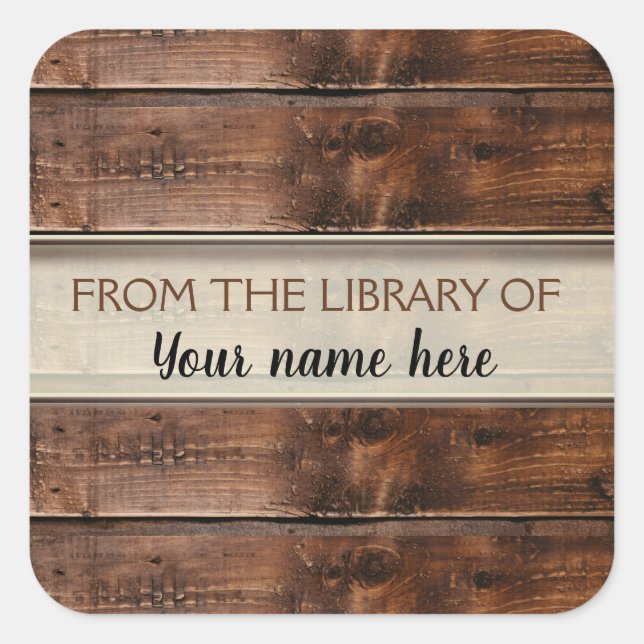 Adesivo Quadrado Rustic Brown Wood Bookplate Da Biblioteca De (Frente)