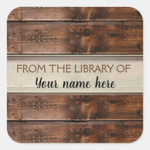 Adesivo Quadrado Rustic Brown Wood Bookplate Da Biblioteca De