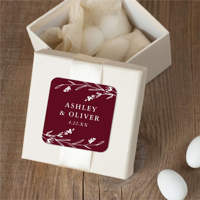 Adesivo Quadrado Rustic Burgundy Floral Wildflower Weding Favor (Criador carregado)