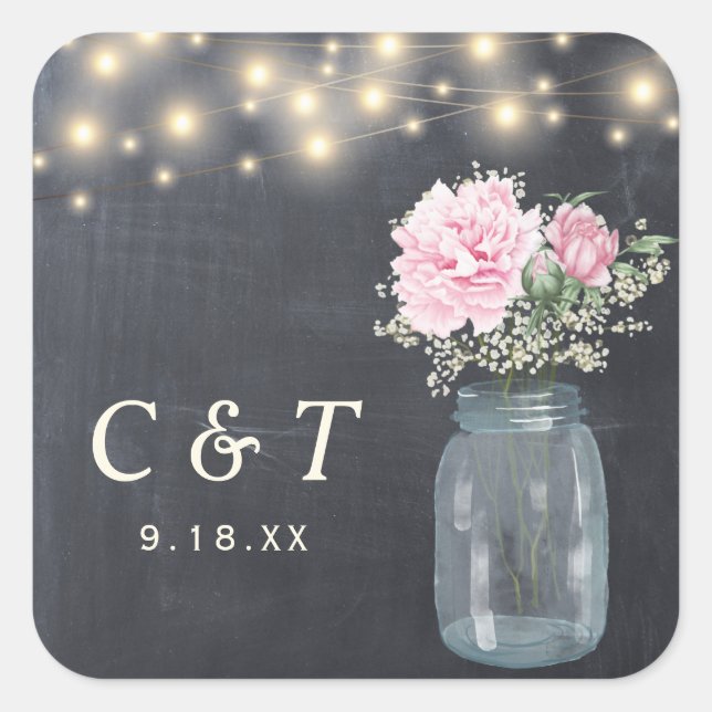 Adesivo Quadrado Rustic Chalkboard Peony Floral Mason Jar | (Frente)