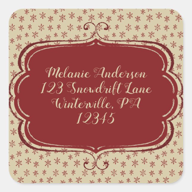 Adesivo Quadrado Rustic Christmas Red Snowflake Endereço de Devoluç (Frente)